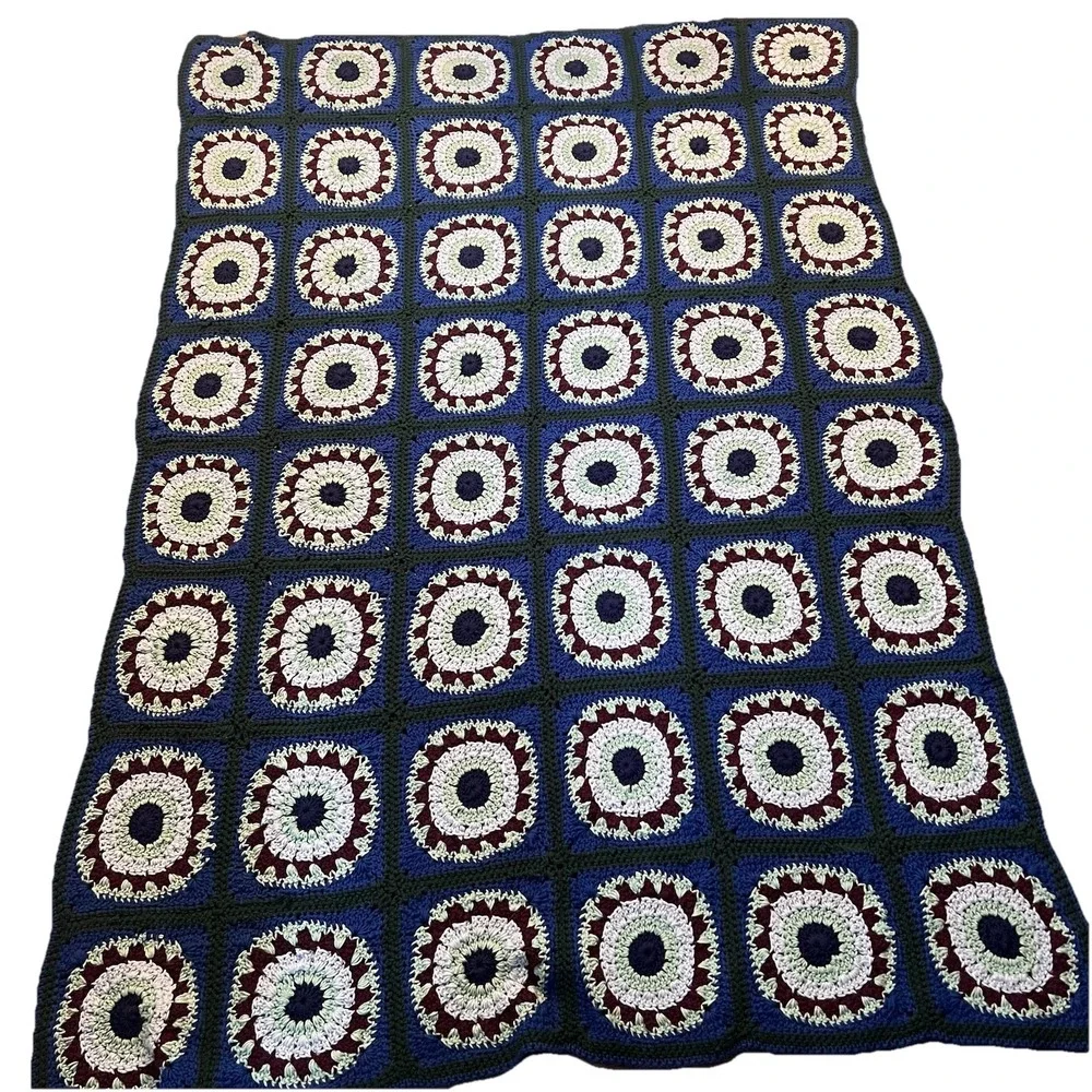 Vintage Crochet Granny Square Afghan Blanket Handmade Throw 86x62 Retro 70s HUGE